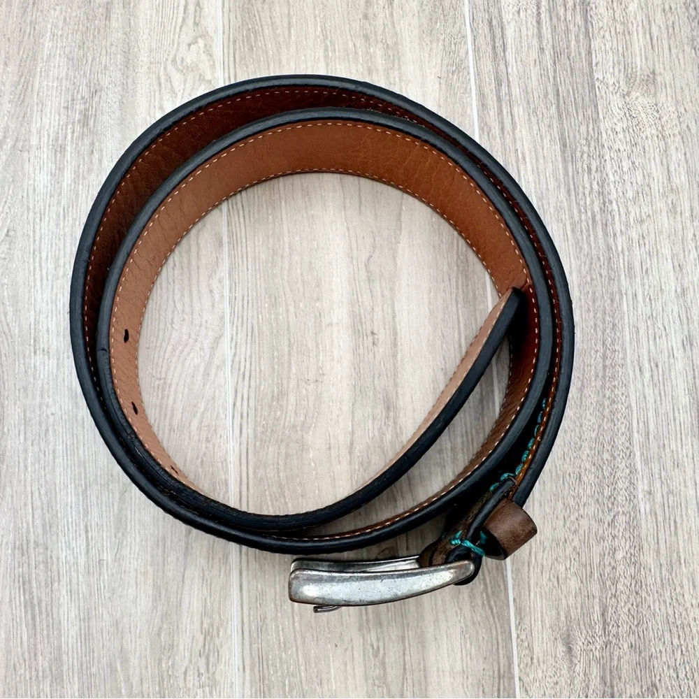 Robert Graham Men’s Brown Paisley Tooled Embossed Teal Stitch Belt | Size 32